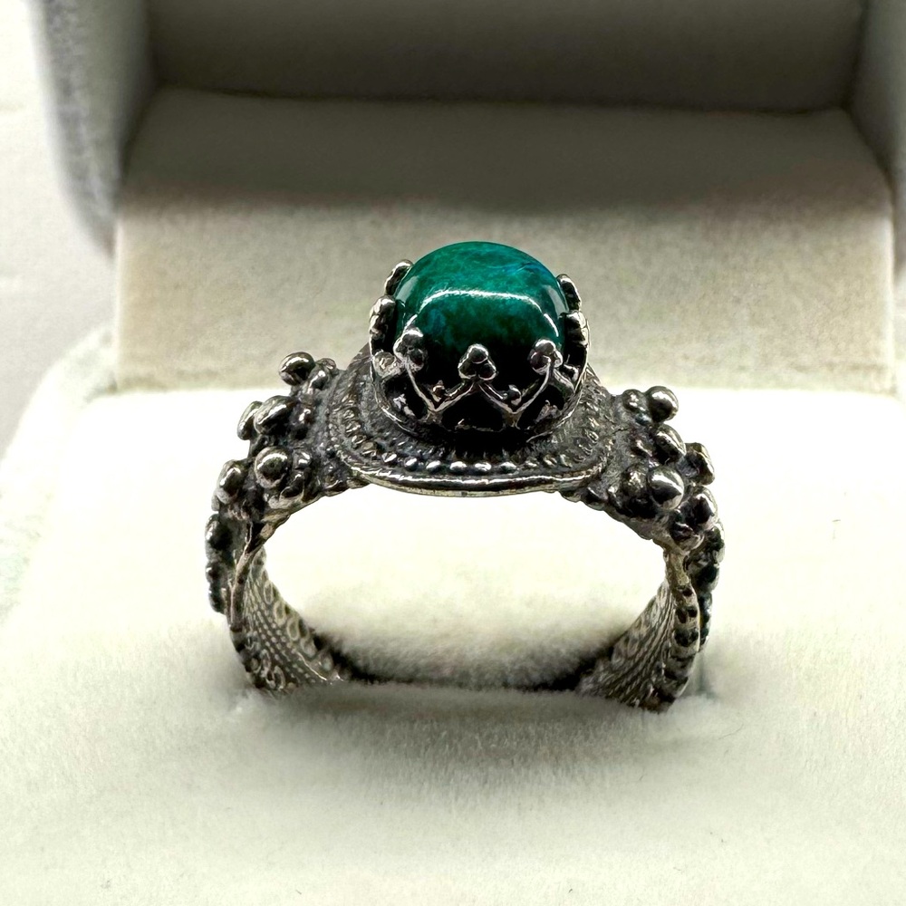 Malachite 925 Sterling Silver Oxidized Filigree Ring Size 7